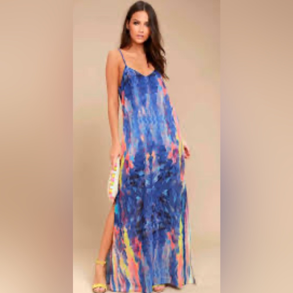 Flying Watercolors Royal Blue Print Maxi Dress size medium